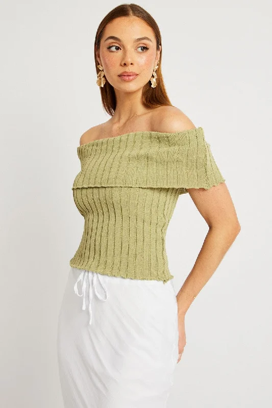 Green Off shoulder Knit Top Hemp Knit Blouse