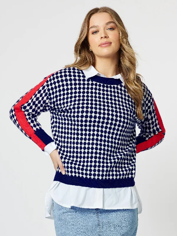 Hope Contrast Knit Top - Navy/Red Sophisticated Knit Shirt