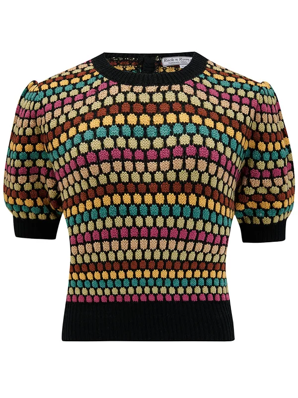 Multicoloured Vintage Style Cropped Knit Top Comfortable Knit Tee