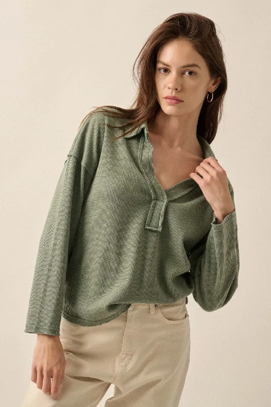 No Problemo Collared V-Neck Waffle-Knit Top Holiday Knit Blouse