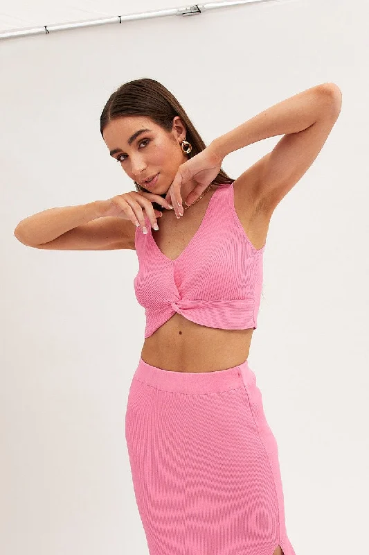 Pink Knit Top Crop Sleeveless V-Neck Business Knit Top