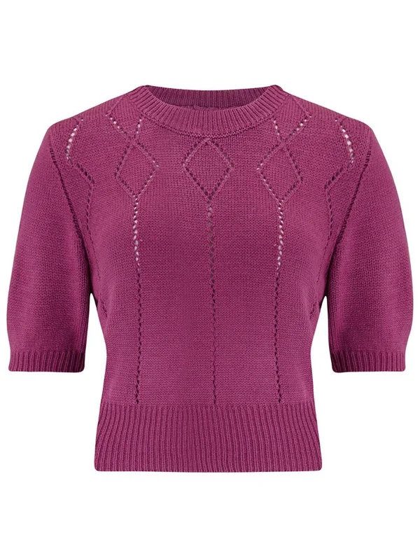 Plum Pink Vintage Style Cropped Diamond Knit Top Elegant Knit Top