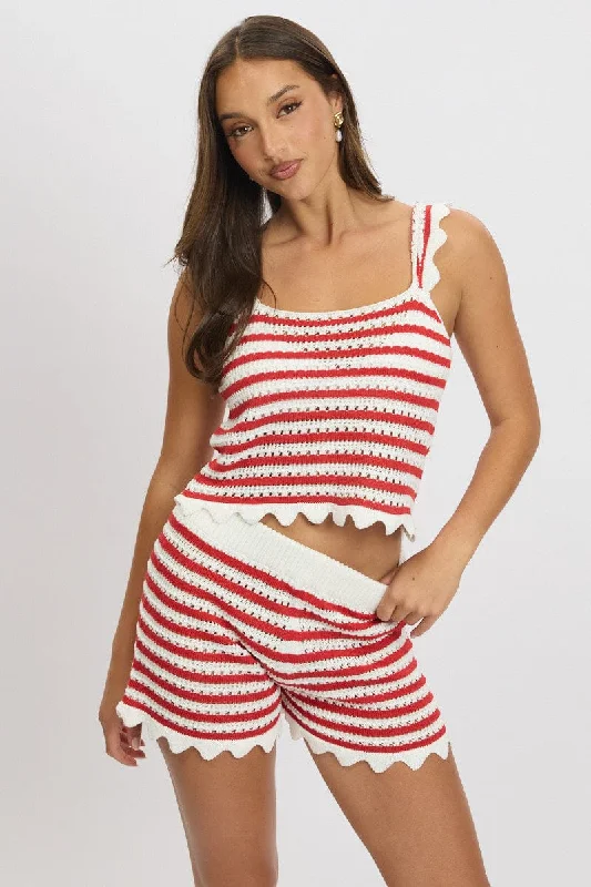 Red Stripe Crochet Knit Top One Shoulder Knit Shirt