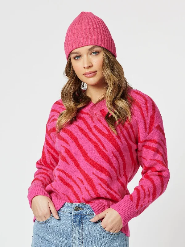 Rio V-Neck Knit Top - Pink Bright Color Knit Shirt