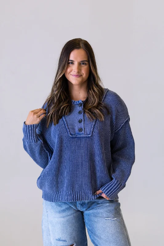 Sarah Button Up Knit Top | Washed Blue Linen Knit Blouse