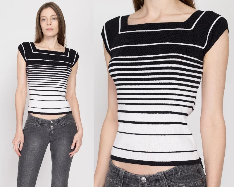 Small Y2K Black & White Gradient Striped Knit Top Boutique Knit Tee