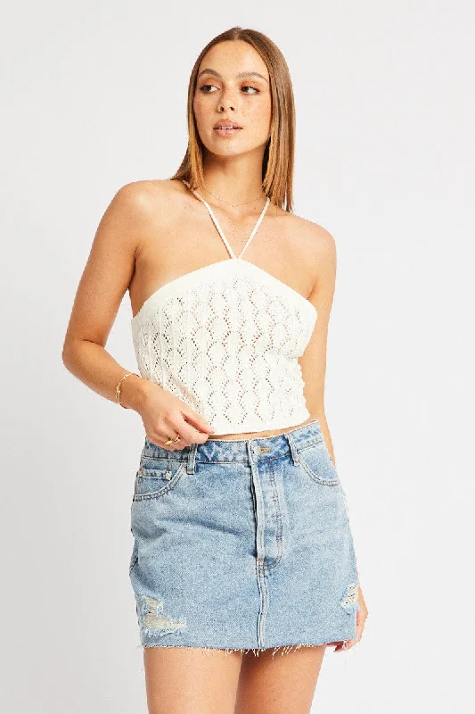 White Halter Neck Knit Top Handmade Knit Blouse