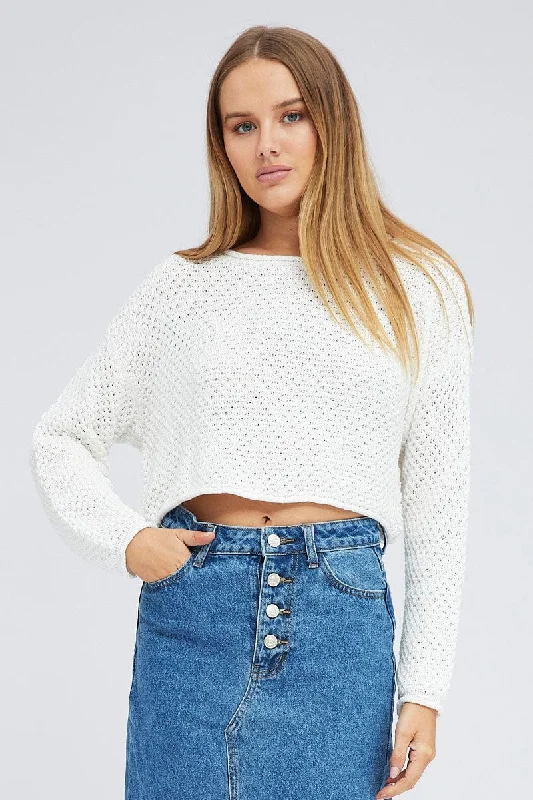 White Knit Top Long Sleeve Crew Neck Vintage Knit Top