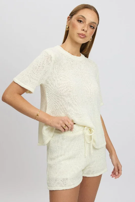 White Knit Top Short Sleeve Crew Neck Turtle Neck Knit Top