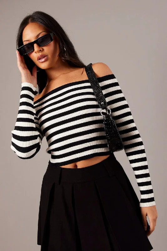 White Stripe Knit Top Long Sleeve Off Shoulder Glamorous Knit Top