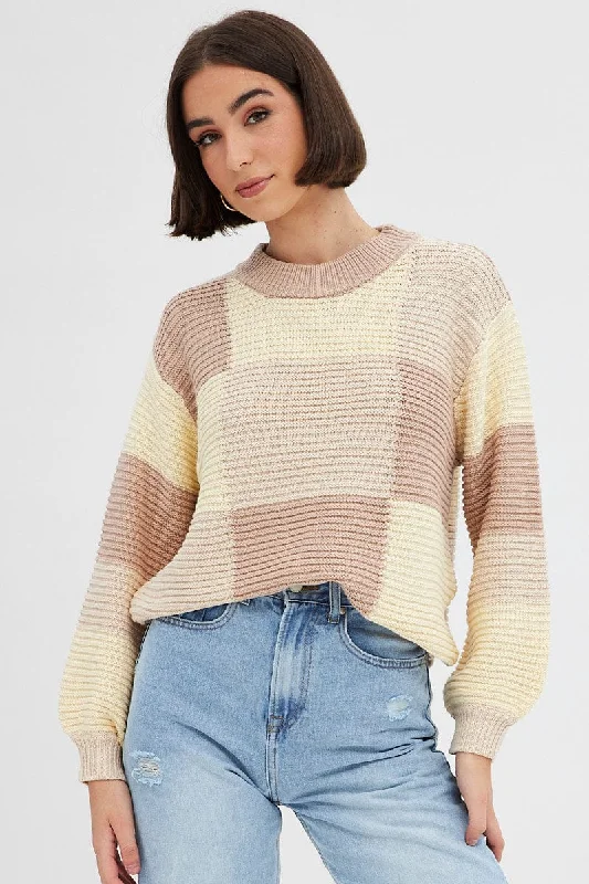 Beige Knit Top Round Neck Long Sleeve Patchwork Luxury Knit Top