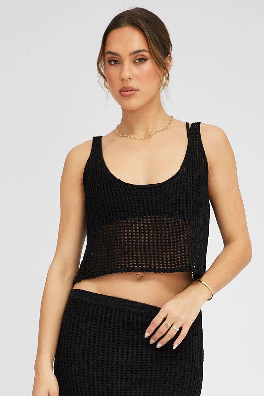 Black Crochet Knit Top Scoop Neck Silver Knit Shirt