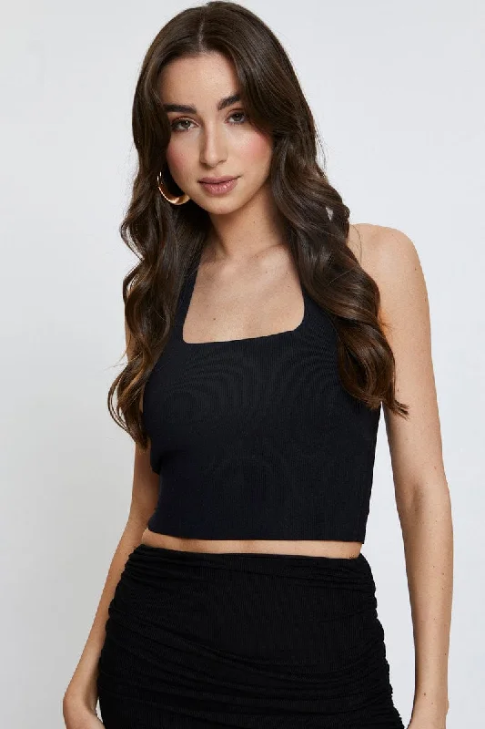 Black Knit Top Sleeveless Crop Halter Polo Neck Knit Top