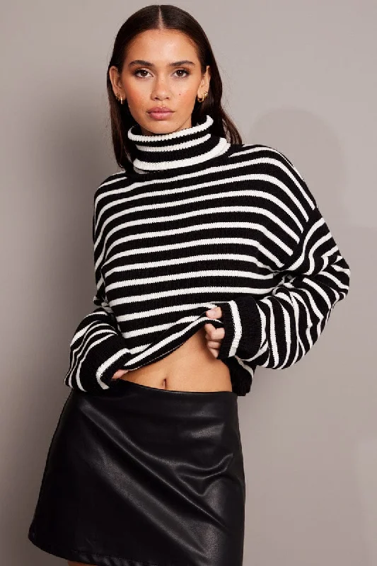 Black Stripe Knit Top Long Sleeve High Neck Emerald Green Knit Top