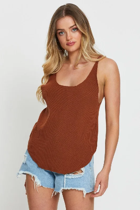 Brown Knit Top V-Neck Long Sleeve Knit Tee