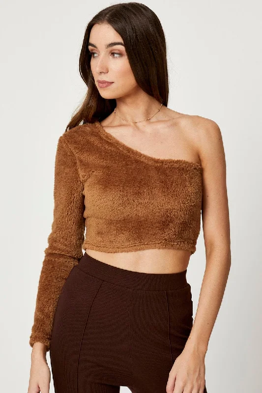 Brown One Shoulder Fluffy Knit Top Summer Knit Top