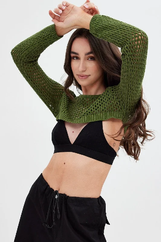 Green Knit Top Long Sleeve Openwork Cropped Boutique Knit Tee