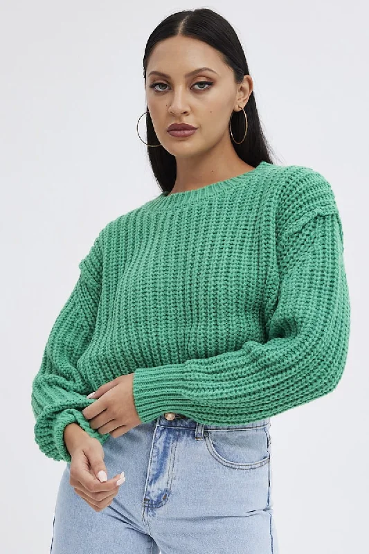 Green Knit Top Round Neck Long Sleeve Crop Affordable Knit Blouse