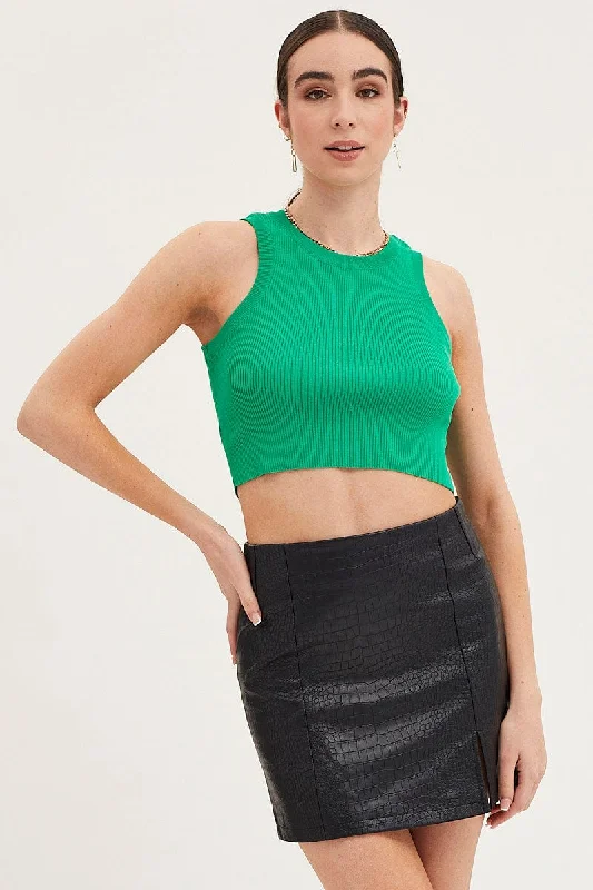 Green Knit Top Sleeveless Crop Dark Color Knit Blouse