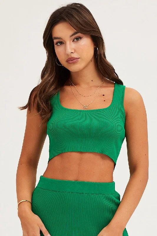 Green Knit Top Sleeveless Crop Square Neck Royal Blue Knit Top