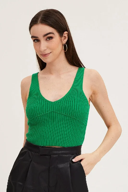 Green Knit Top Sleeveless Crop V-Neck Geometric Knit Tee