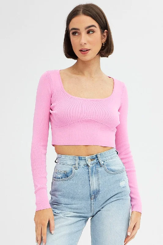 Pink Knit Top Long Sleeve Crop Ribbed Knit Shirt