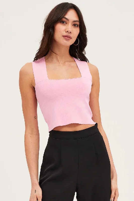 Pink Knit Top Sleeveless Crop Square Neck Ribbed Knit Shirt