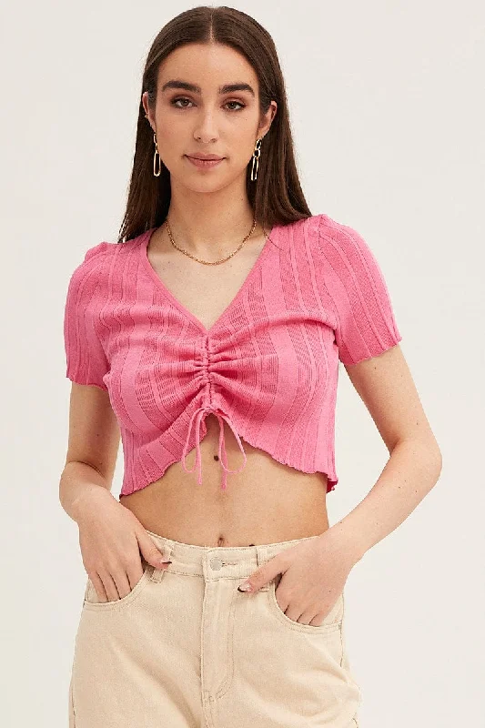 Pink Short Sleeve Ruched Knit Top Solid Color Knit Top