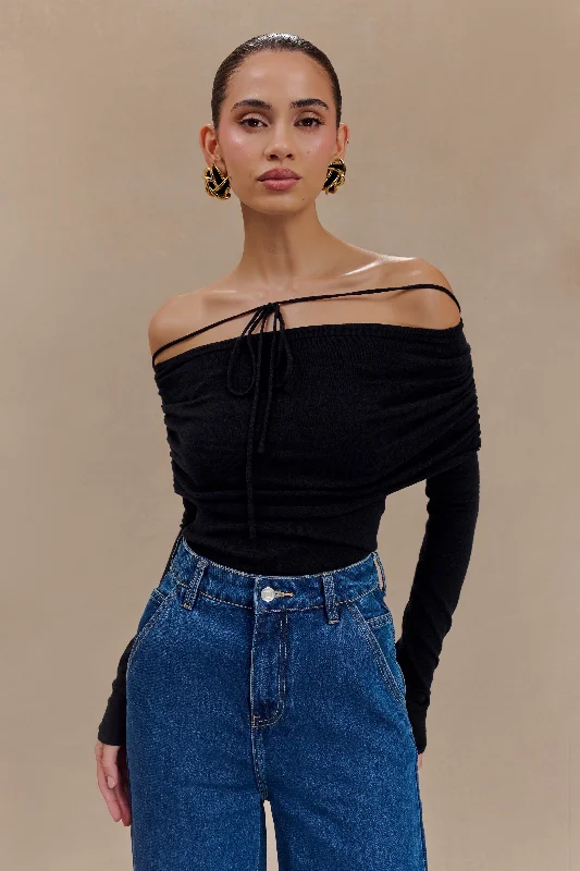 Polly Off Shoulder Long Sleeve Knit Top - Black Festive Knit Tee