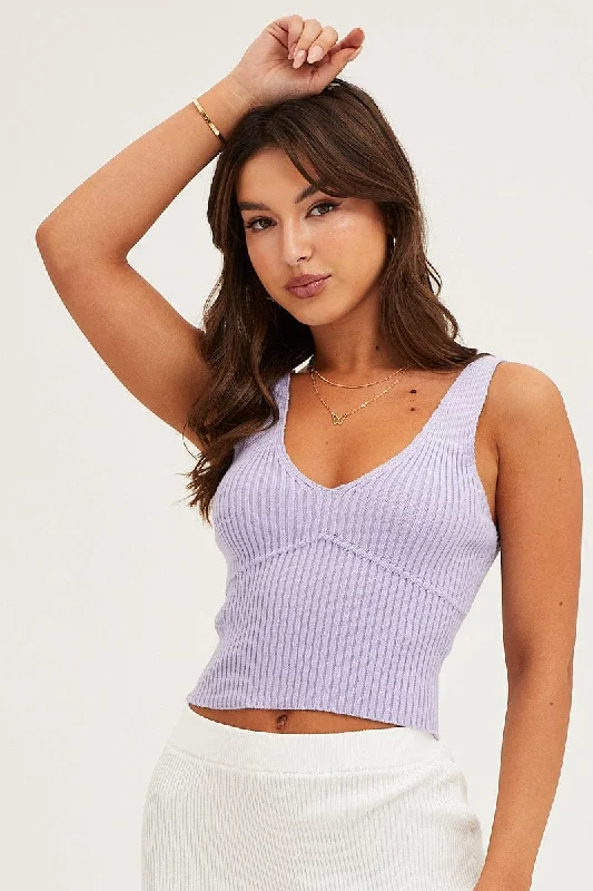 Purple Knit Top Sleeveless Crop V-Neck Turtle Neck Knit Top