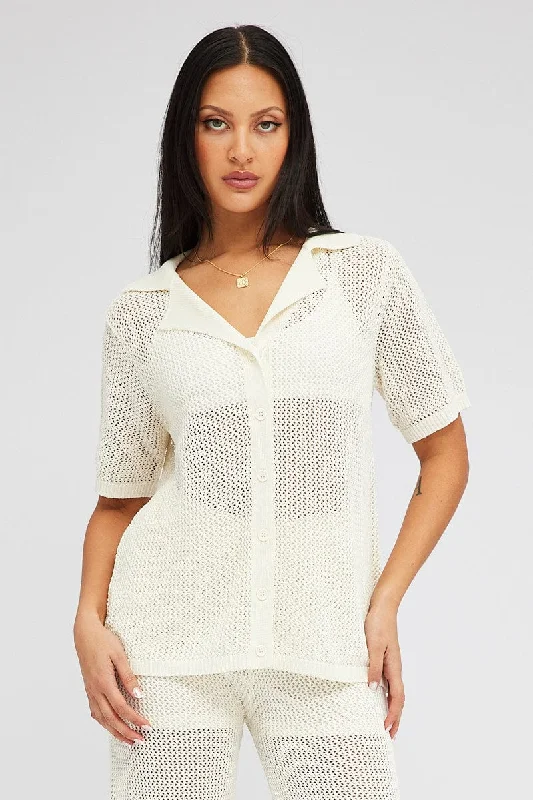 White Collar Knit Top Short Sleeve Polka Dot Knit Top