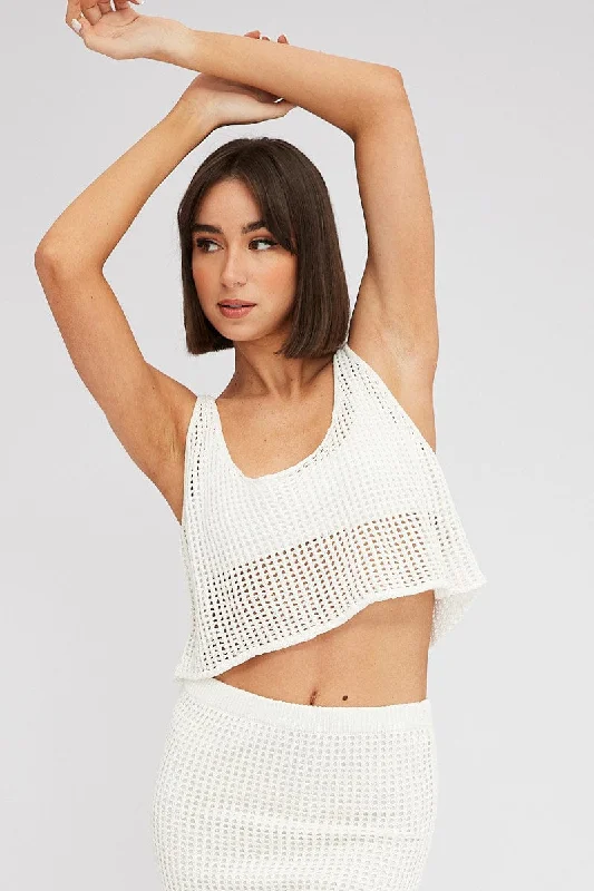 White Crochet Knit Top Scoop Neck Premium Knit Blouse