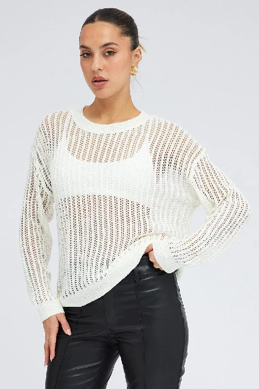 White Oversized Knit Top Crew Neck Stylish Knit Top