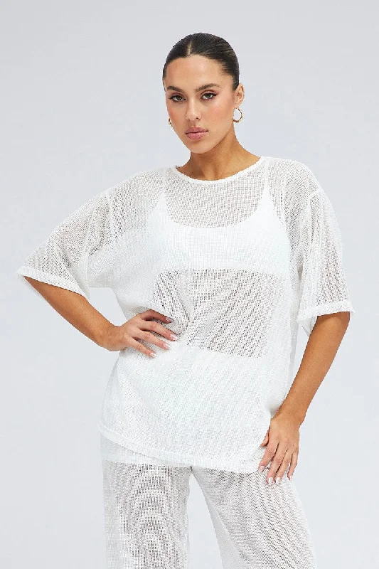 White Oversized Knit Top Short Sleeve Crew Neck Soft Knit Shirt