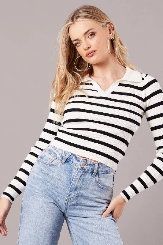 White Stripe Knit Top Long Sleeve Collared Beige Knit Top