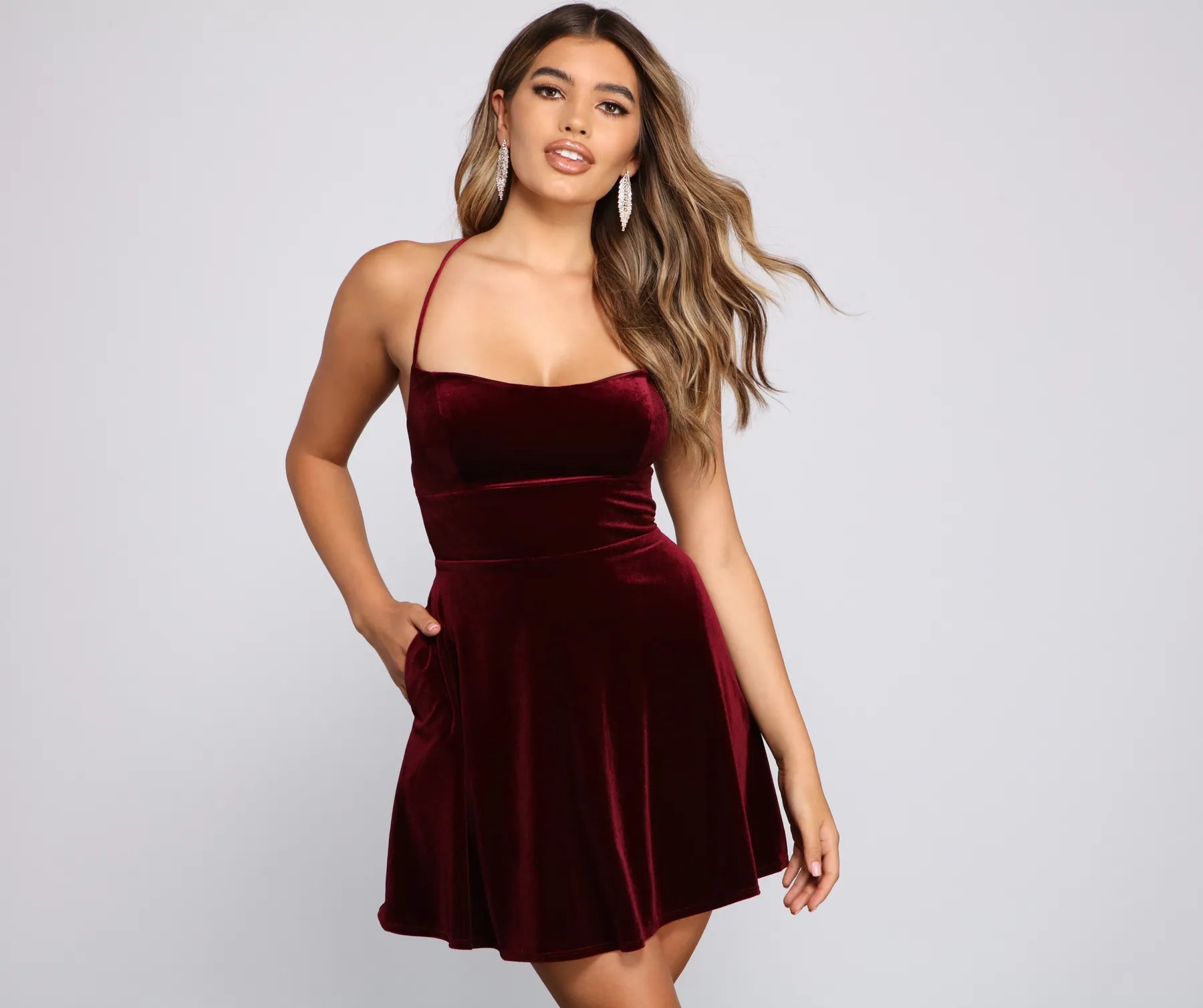 Amelia Lace-Up Back Velvet Skater Dress Tunics Sophisticated sleek