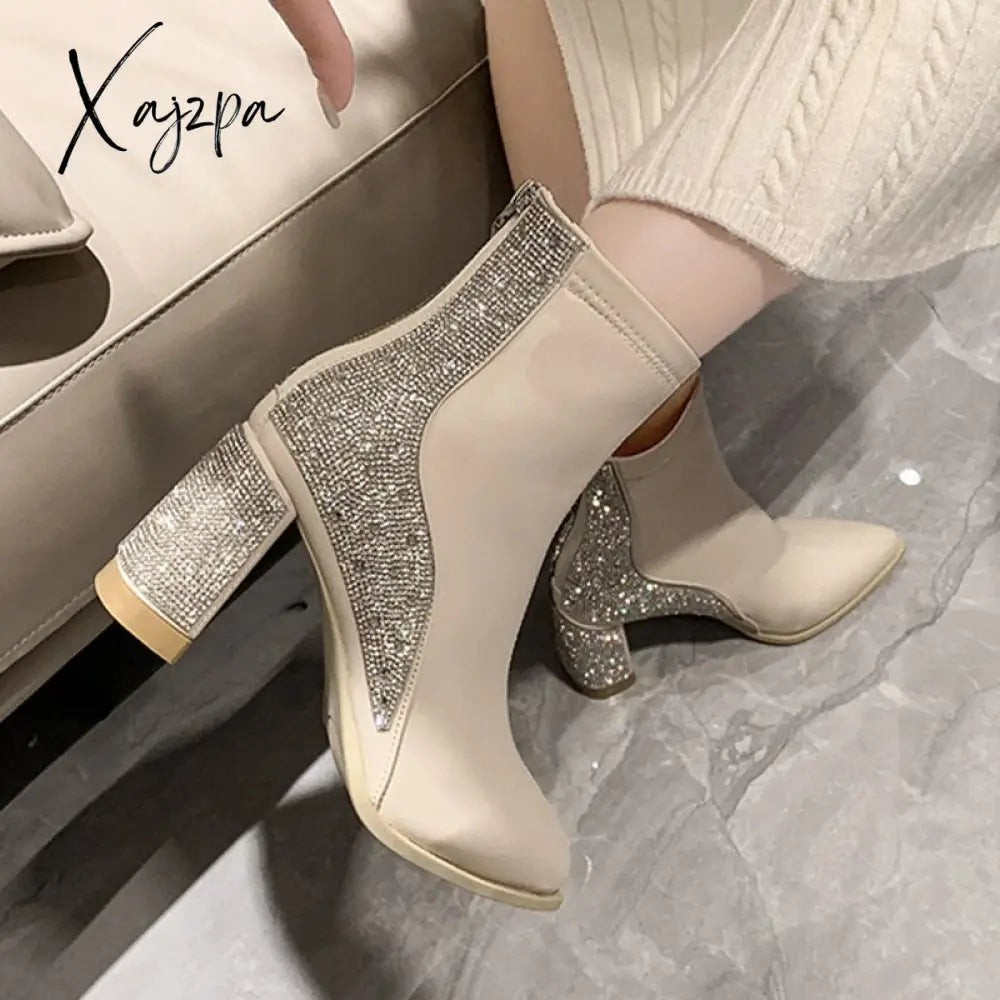 Xajzpa - Chunky Women Ankle Chelsea Boots Brand Pumps Designer Crystal High Heels Shoes Winter New Fashion Dress Goth Women Boots Tunics Silk luxurious