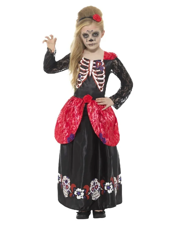 Deluxe Day Of The Dead Girl Costume Child Black Dress Headband Tunics Solid Classic