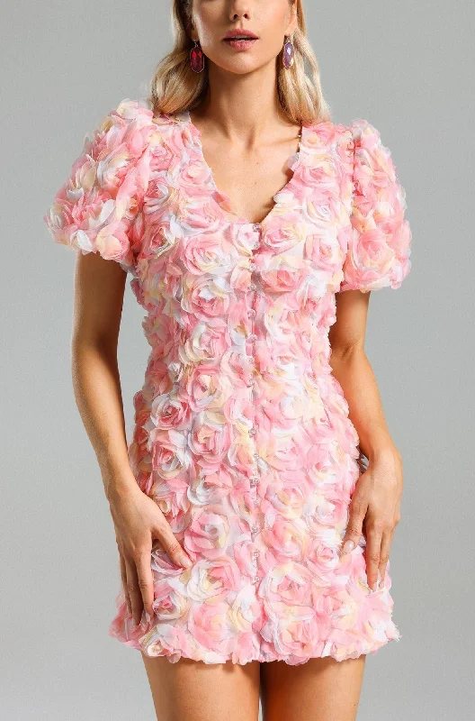 FAWN FLOWER EMBROIDERY BUTTON MINI DRESS IN PINK Tunics Lace romantic