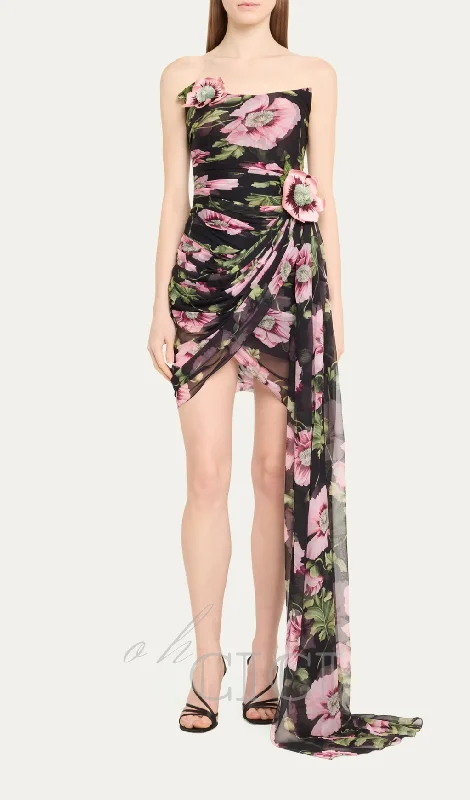 FLORAL PRINTED STRAPLESS DRAPED MINI DRESS Tunics Solid Classic