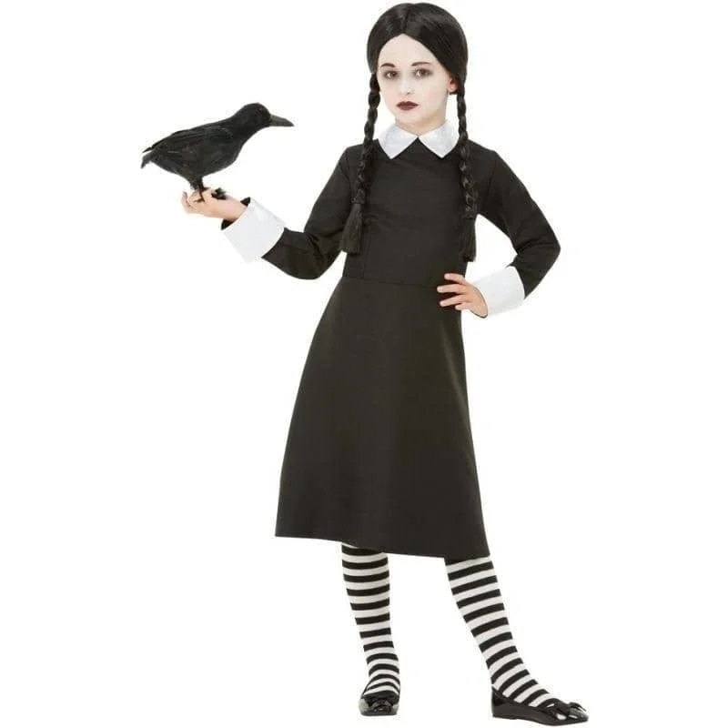 Wednesday Addams Gothic School Girl Costume Child Black Dress Wig Tunics Short Trendy