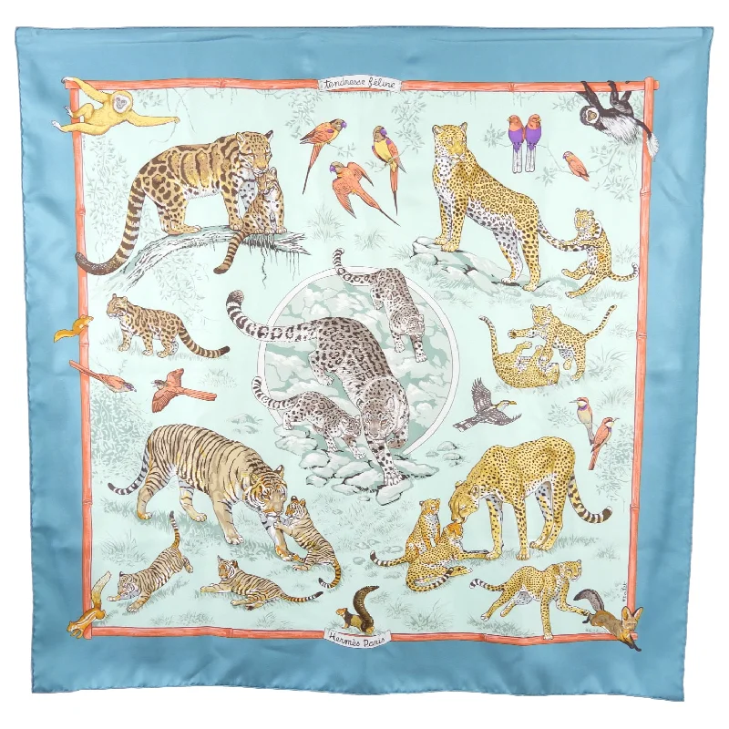 Hermes Tendresse Feline Blue Jungle Cat Silk Scarf 90cm Tunics Stylish modern