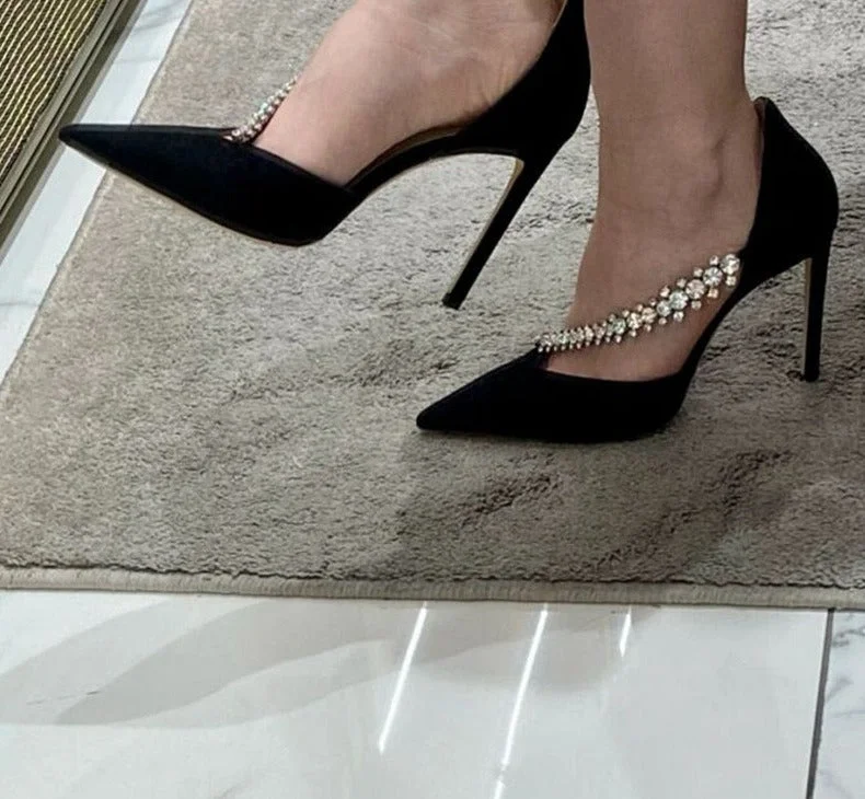 New Fashion Brand Crystal Embellished High Heels Shoes Women Pointed Toe Dress Rhinestone Wedding Party Pumps Black Suede Sandal Tunics Fall fleece