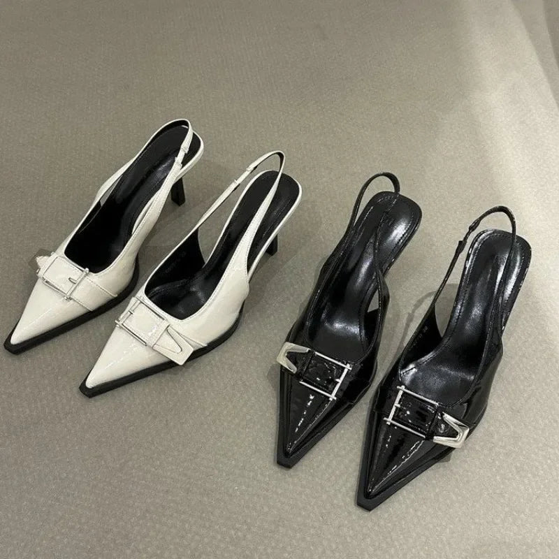 New Summer Women Dress Shoes Pointed Toe Sandals Buckle Slingbacks Pumps Back Strap Mid Heels Patent Leather Shoe Zapatos Mujer Tunics Plaid country