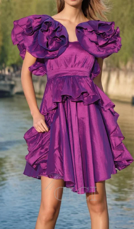 RUFFLES SATIN MINI DRESS IN PURPLE Tunics Sophisticated sleek