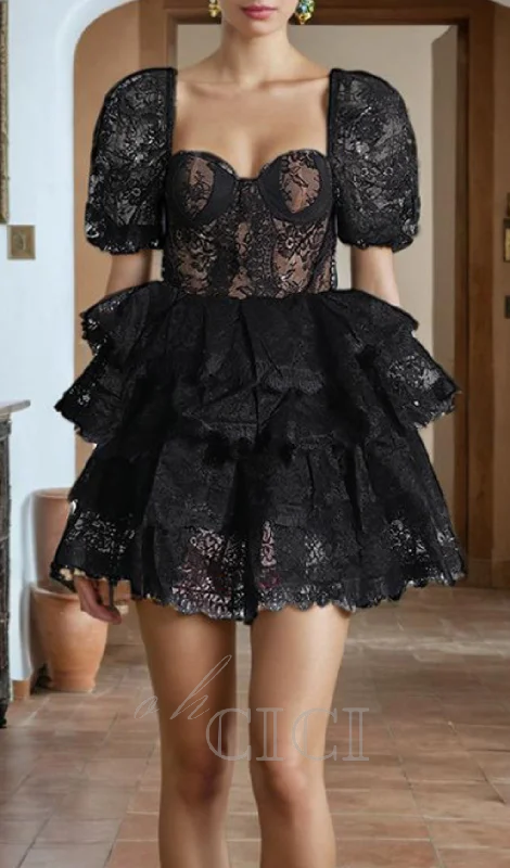 PUFF SLEEVE LACE MINI DRESS IN BLACK Tunics Stylish elegant