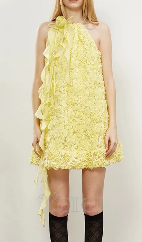 Ribbon halter mini dress in yellow Off-the-shoulder Chic Trendy