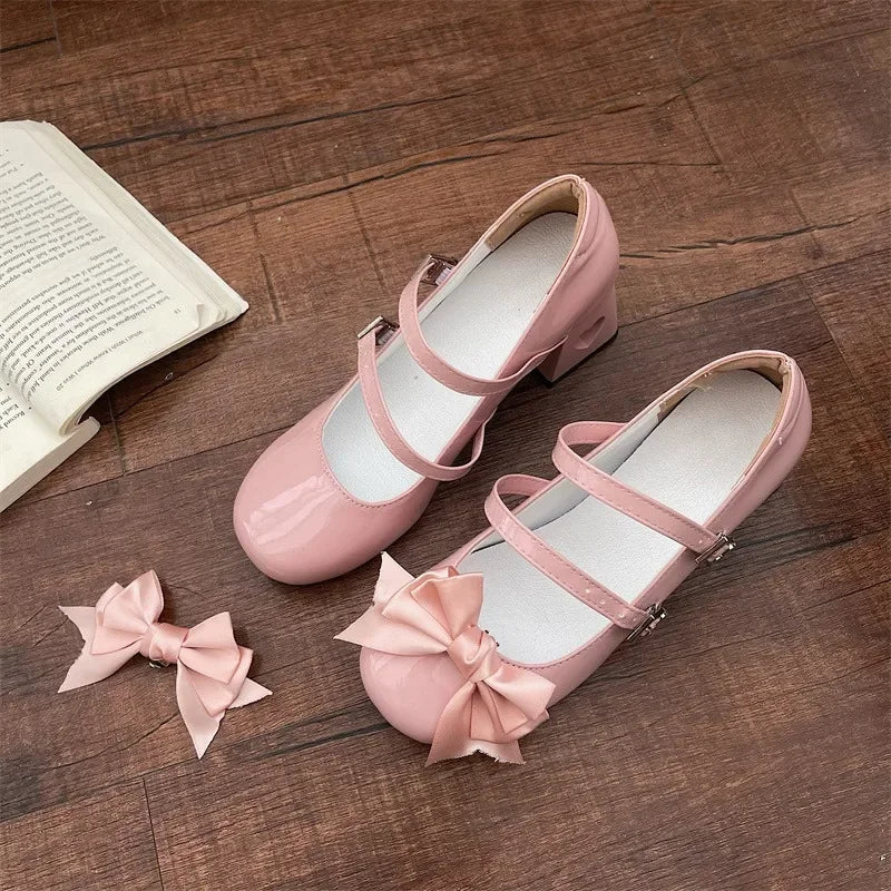 Shoes Female Mary Janes Women's High Heels Sweet Dress Pumps Women Bow Tie Buckle Strap Round Toe Chunky Heel Ladies Shoes Tunics Denim casual