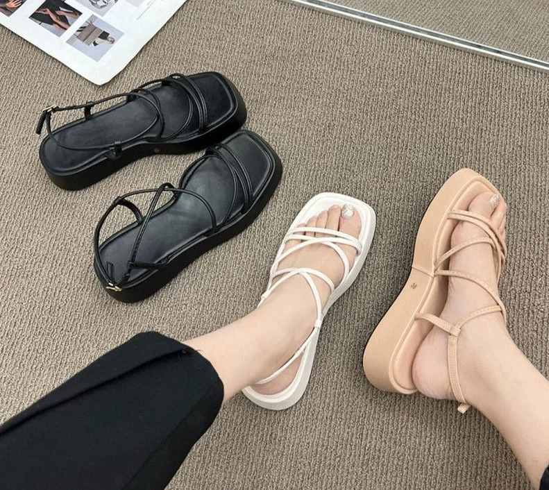 Summer New Brand Women Sandal Fashion Narrow Band Gladiator Shoes Platform Flats Heel Open Toe Dress Pumps Shoe Floral Print girly