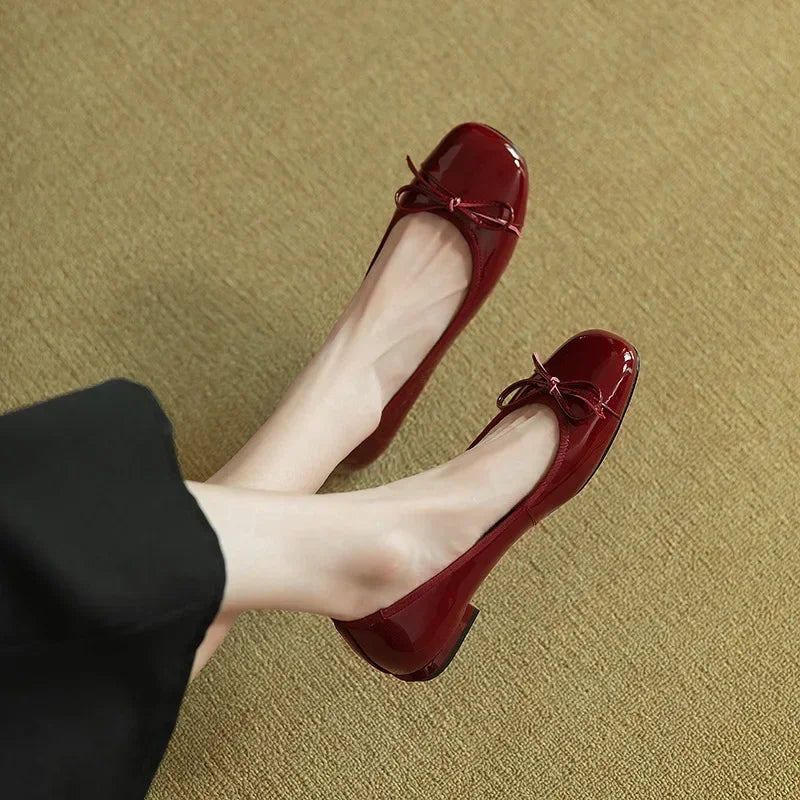 Women Retro Gentle Bowknot Flat Shoes Korean Fashion Elegant Red Square Toe Stiletto Pumps Autumn Dress Loafer Casual Shoes Tunics Velvet soft